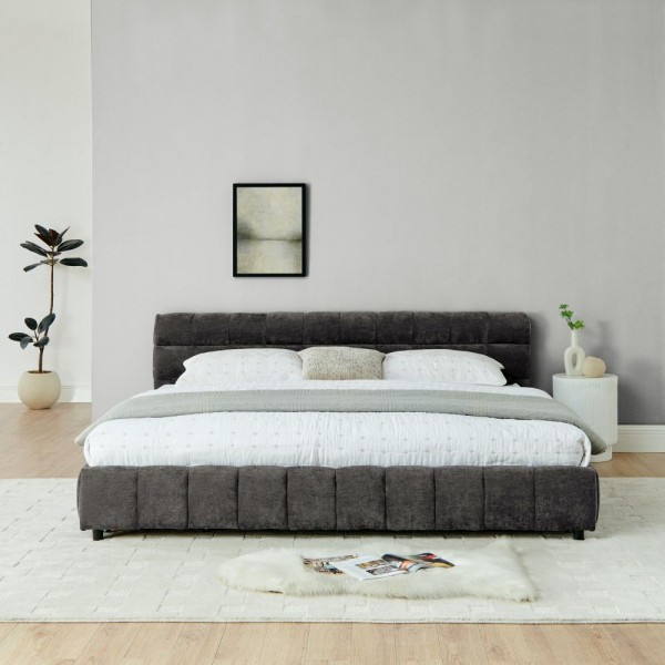 Modern Luxury Queen/King Size Upholstered Bed Frame Soft Chenille Fabric Bedroom Furniture with Wooden Structure