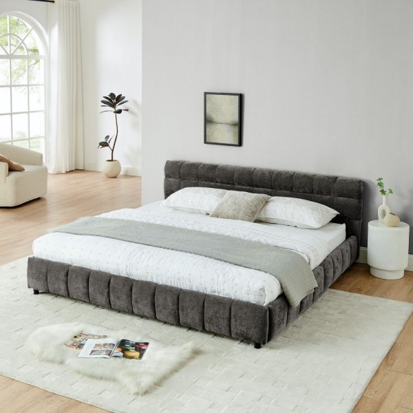 Modern Luxury Queen/King Size Upholstered Bed Frame Soft Chenille Fabric Bedroom Furniture with Wooden Structure