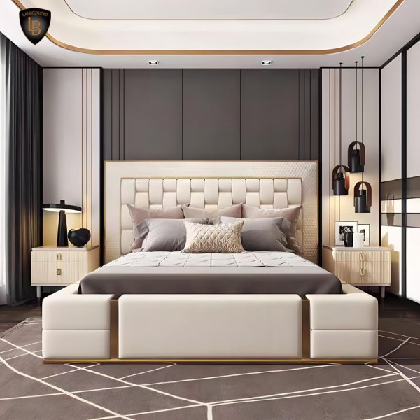 Furniture Wholesale Luxury Nordic Style Double King Size Bed Set Modern Soft Wooden Leather Bedroom Room Design