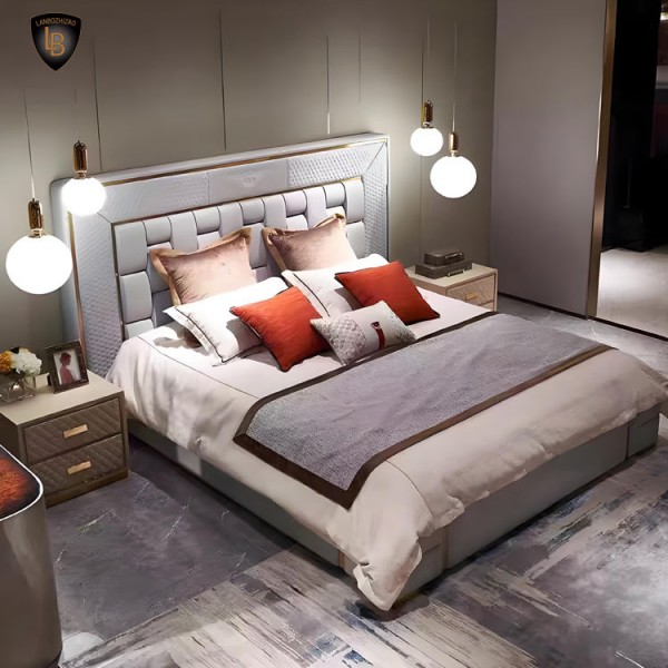 Furniture Wholesale Luxury Nordic Style Double King Size Bed Set Modern Soft Wooden Leather Bedroom Room Design