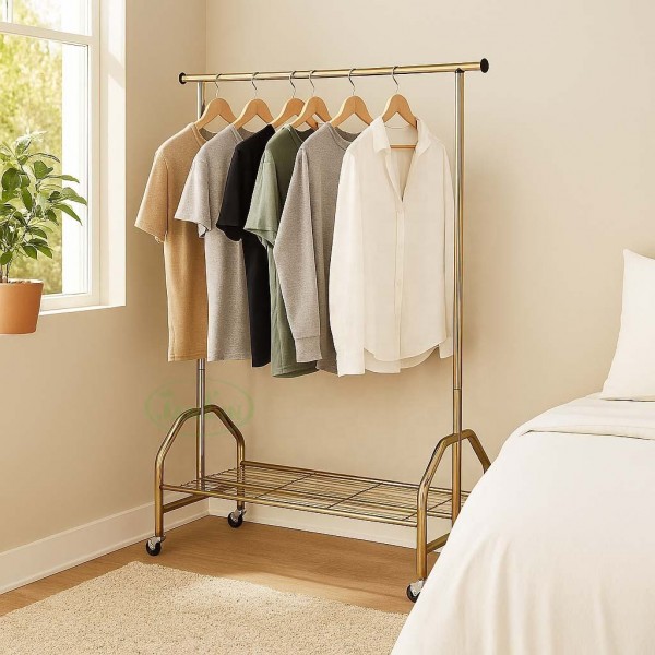 High-quality industrial design single heavy-duty clothes rack imitation gold-coloured clothes drying rack essential household item