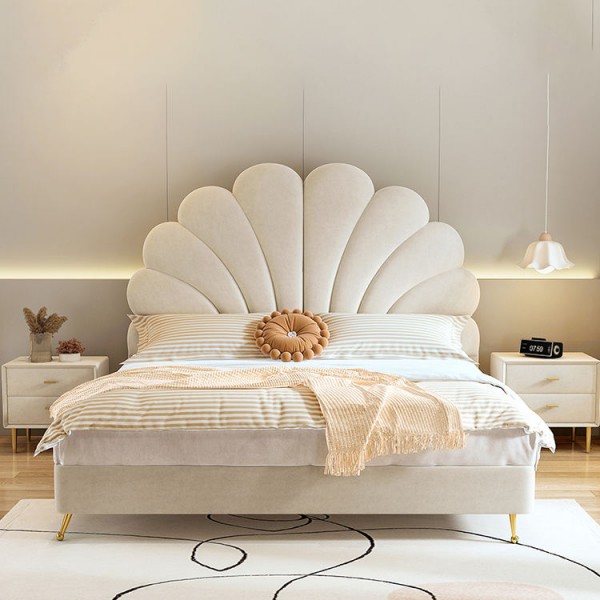 Modern Luxury Solid Wood Double Bed with Cushioned Backrest Princess Kids' Bedroom Set King Size