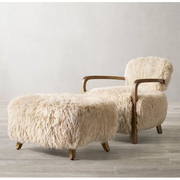 Luxury Outdoor Indoor Sofa Design Home Furniture Wooden Frame Artificial Sheepskin Lounge Chairs