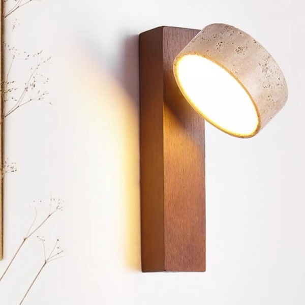 Modern Wabi-sabi Custom Stone Lamp Indoor Wall Sconce Light Bedroom Living Room Staircase Travertine Wall Lamp with Wood Base
