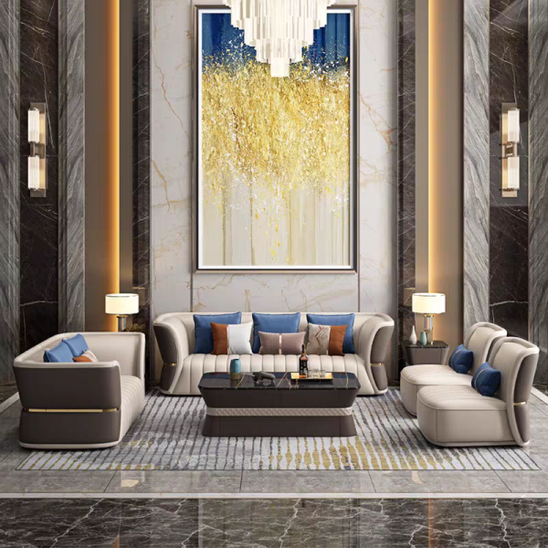 Furnistyle Modern European Style Luxury Villa Furniture Modular Genuine Leather Living Room Sets Wood Leather Sofa