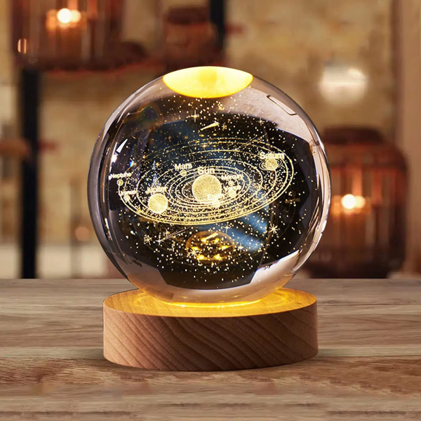 3D Art Luminous Crystal Ball Night Lamp Warm White LED Light with Wooden Base for Home Use