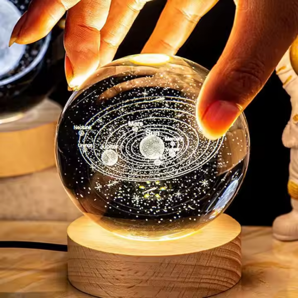 3D Art Luminous Crystal Ball Night Lamp Warm White LED Light with Wooden Base for Home Use