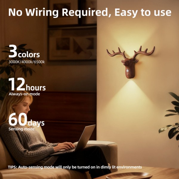 Nordic Wireless Magnetic Motion Sensor Reindeer Wall Light USB Rechargeable Night Light Stair Bedroom Bedside LED Wall Lamps