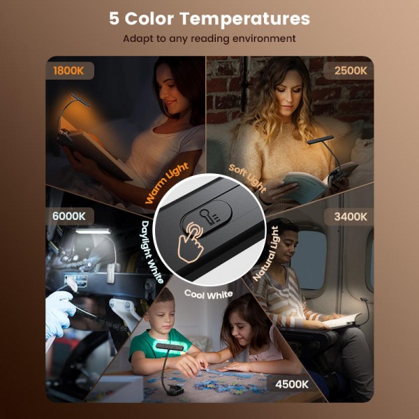 New 1200mAh Battery 90Hrs Battery Life Usb Rechargeable Book Lamp CCT Dimmable Portable Clip on Reading Light