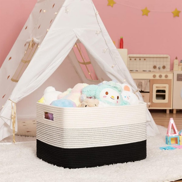 Handmade 3 Pack Toys Storage Bins Cotton Rope Woven Basket Nursery Cube Bin Cloth Storage Basket With Handles for Organizing