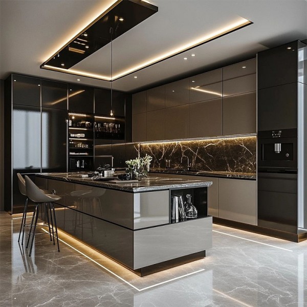 Italian-Style Custom Kitchen Cabinets with Anti-Fingerprint Lacquer Including Pantries & Islands