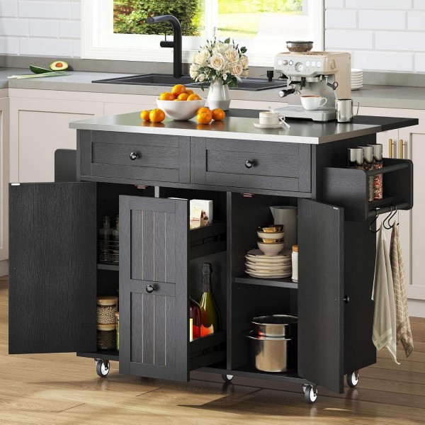 Mobile Kitchen Island Cart with Folding Drop Leaf Breakfast Bar Large Wood Storage Cabinets Racks Wheels