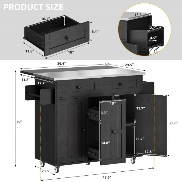 Mobile Kitchen Island Cart with Folding Drop Leaf Breakfast Bar Large Wood Storage Cabinets Racks Wheels