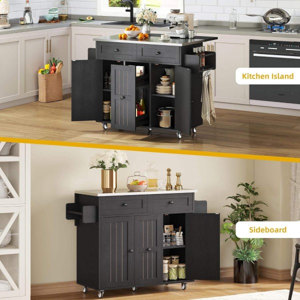 Mobile Kitchen Island Cart with Folding Drop Leaf Breakfast Bar Large Wood Storage Cabinets Racks Wheels