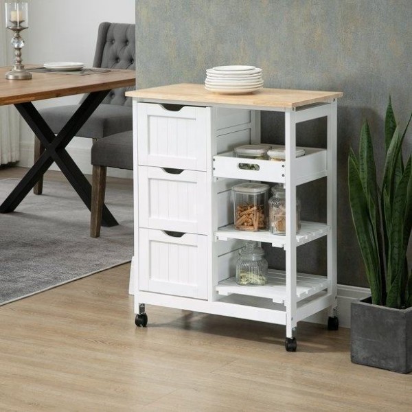 Solid Wood Top Home Dining Area Mobile Island Kitchen Trolley Cart with Storage Rack and Drawer