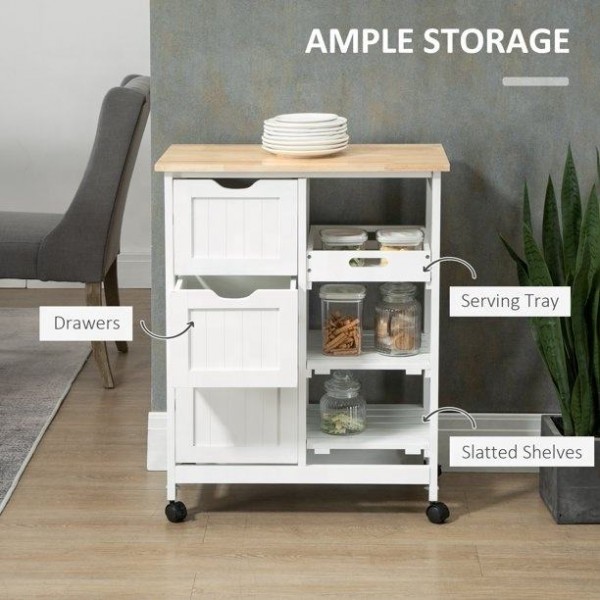 Solid Wood Top Home Dining Area Mobile Island Kitchen Trolley Cart with Storage Rack and Drawer