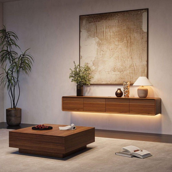 Modern Wooden Living Room Set Floating TV Stand square Coffee Table Luxury LED Lights Tv Stand and Coffee Table Set