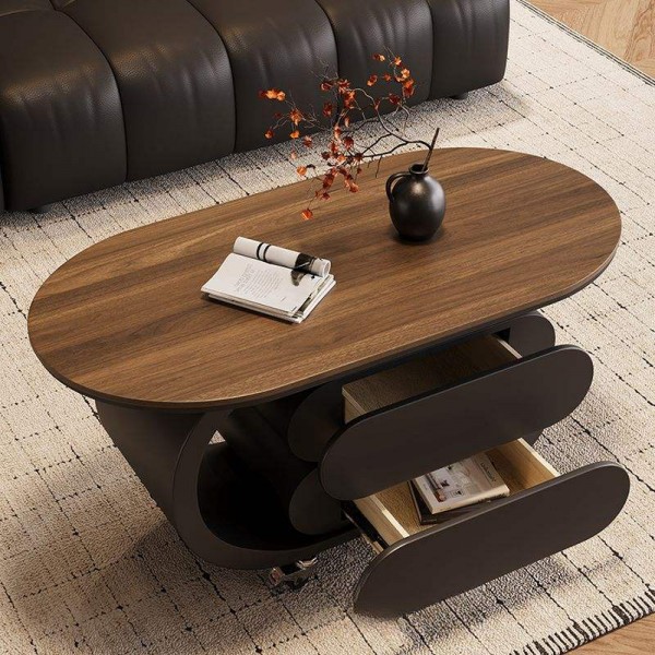 Manufactured Wood Top Coffee Table Oval Shape Wheel Base Living Room Center Table American Style Movable Coffee Table