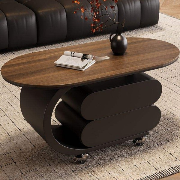 Manufactured Wood Top Coffee Table Oval Shape Wheel Base Living Room Center Table American Style Movable Coffee Table