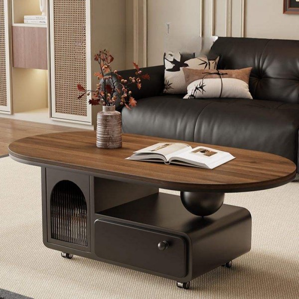 Elliptical Cart Coffee Table Aesthetic Design Living Room Center Table Wooden Coffee Table with Wheel Base Roller