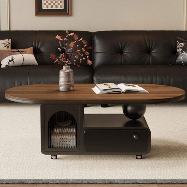 Elliptical Cart Coffee Table Aesthetic Design Living Room Center Table Wooden Coffee Table with Wheel Base Roller