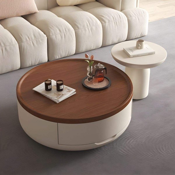 Light Luxury Coffee Table Italian Living Room Center Table Round Coffee Table with White Wood Base Drawers Storage