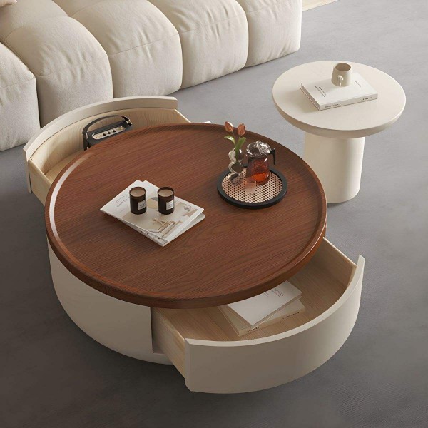Light Luxury Coffee Table Italian Living Room Center Table Round Coffee Table with White Wood Base Drawers Storage