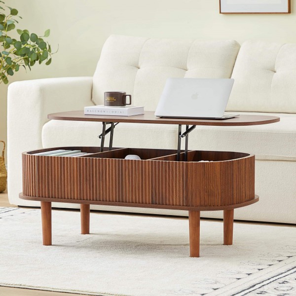 Modern Oval Lift Tabletop Coffee Table Center Wood Living Room Coffee Table Base Table with 3 Compartments Storage