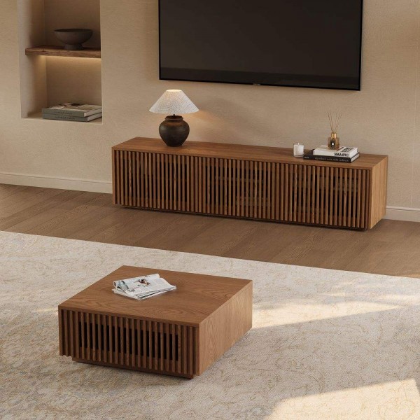 Modern Slatted Wood Living Room Set Tv Stand and Coffee Table Media Console TV Cabinet Center Table for Living Room