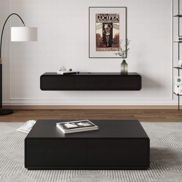 Modern Wood Living Room Furniture Set Black Floating TV Console 4 Drawers Center Coffee Table Tv Stand and Coffee Table
