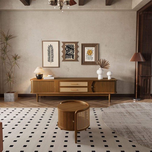 Modern Woven Rattan TV Stand Walnut Color Living Room Cabinet TV Console Round Coffee Table for Living Room Furniture
