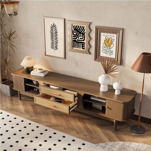 Modern Woven Rattan TV Stand Walnut Color Living Room Cabinet TV Console Round Coffee Table for Living Room Furniture