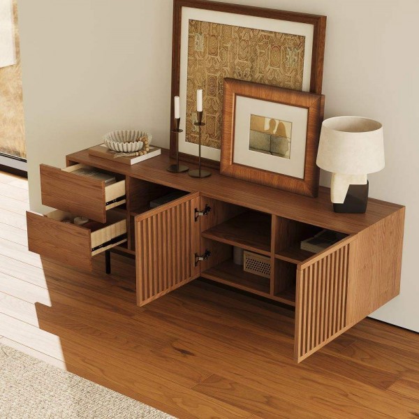 Modern Living Room Furniture Entertainment Center TV Table Slatted Wood TV Cabinet Walnut Tv Stand and Coffee Table Set