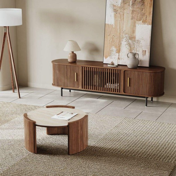 Modern Living Room Rolling Door Tv Cabinet Stone Top Round Coffee Table Luxury Slatted Wood Living Room Set Tv Stand Set