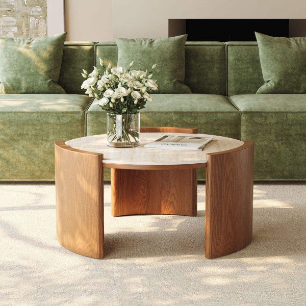 Modern Living Room Rolling Door Tv Cabinet Stone Top Round Coffee Table Luxury Slatted Wood Living Room Set Tv Stand Set