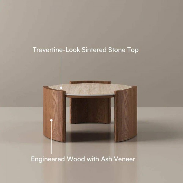 Modern Living Room Rolling Door Tv Cabinet Stone Top Round Coffee Table Luxury Slatted Wood Living Room Set Tv Stand Set