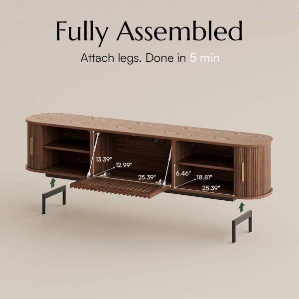 Modern Living Room Rolling Door Tv Cabinet Stone Top Round Coffee Table Luxury Slatted Wood Living Room Set Tv Stand Set