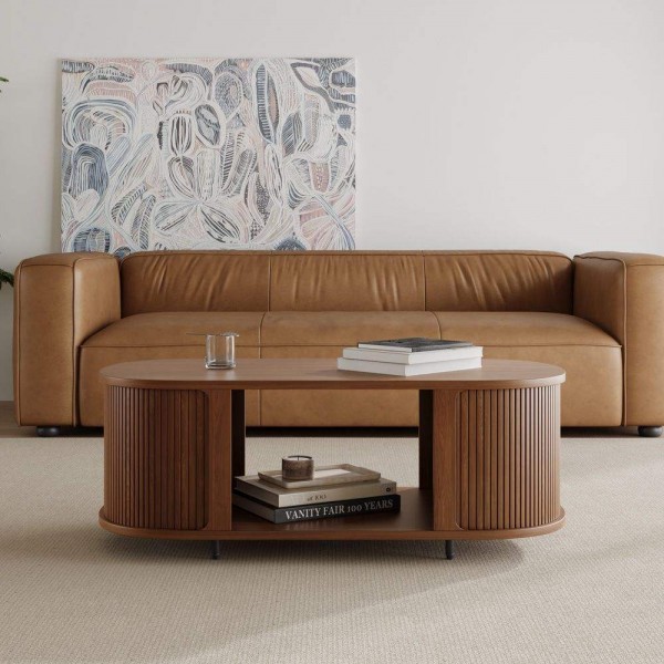 Walnut Color Living Room Sets Fluted Wood TV Stand and Coffee Table Set Storage Tv Cabinet Set with Coffee Table