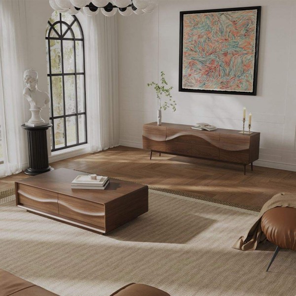 Mid-Century Modern TV Stand Set Walnut Color Living Room Sets Standing TV Cabinet Rectangular Coffee Table Set