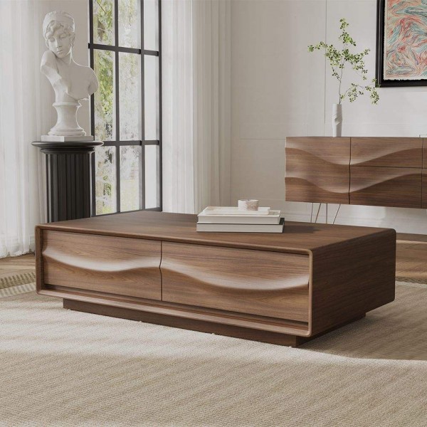 Mid-Century Modern TV Stand Set Walnut Color Living Room Sets Standing TV Cabinet Rectangular Coffee Table Set