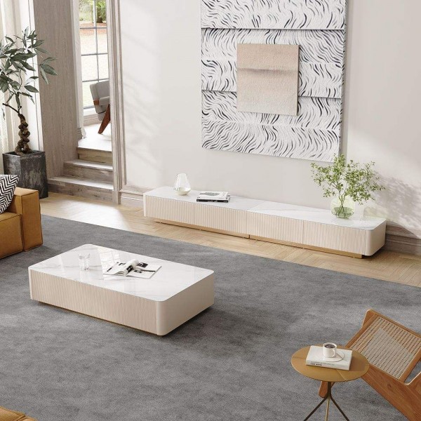 Modern Minimalist TV Stand and Coffee Table Set Luxury Stone Top TV Cabinet Center Table Wooden Living Room TV Stand Set