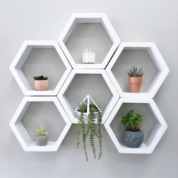 Set of 6 White Honeycomb Shelves Wood Storage Shelf Display Geometric Wooden Floating Hexagon Wall Shelf Kitchen Furniture