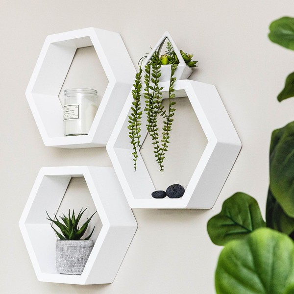 Set of 6 White Honeycomb Shelves Wood Storage Shelf Display Geometric Wooden Floating Hexagon Wall Shelf Kitchen Furniture