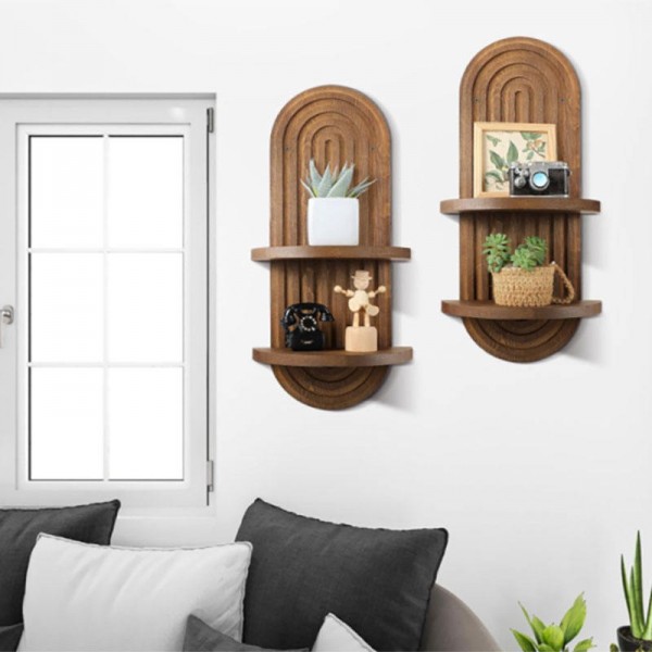 Brown Bohemian style wooden floating wall frame arched double-layer retro wall decoration