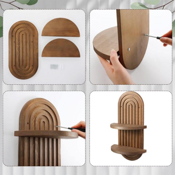 Brown Bohemian style wooden floating wall frame arched double-layer retro wall decoration