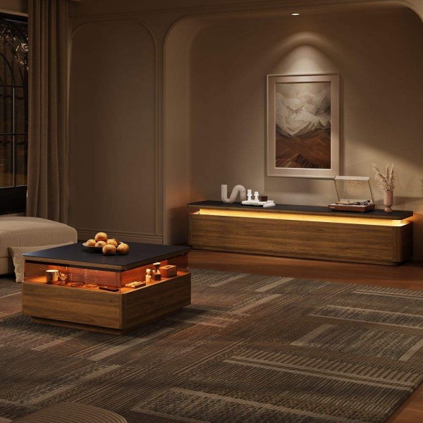 Mid-Century Modern TV Stand and Coffee Table Set 6-Level Adjustable Lighting Tv Stand Set Living Room Furniture Set