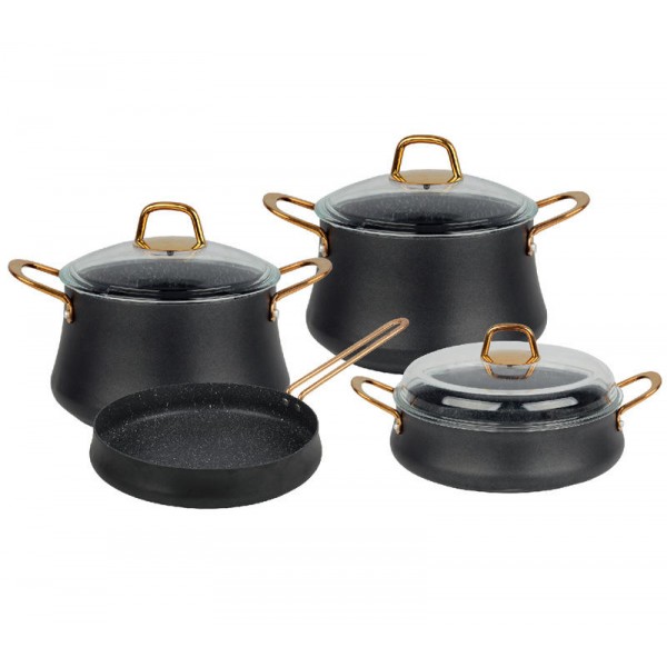 Household Kitchen 7 Pieces Granite Marble Die-cast Aluminum Non-stick Cookware Set with Golden Handles and Glass Lid