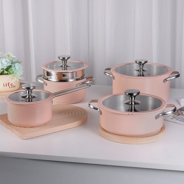 Household No Coating 304 Stainless Steel Non-stick Cookware Set 9 Pcs Double Ears Soup Pot Steamer Milk Pot Set with Glass Lid