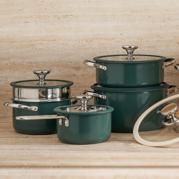 Household No Coating 304 Stainless Steel Non-stick Cookware Set 9 Pcs Double Ears Soup Pot Steamer Milk Pot Set with Glass Lid