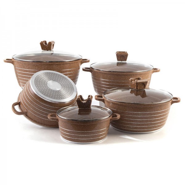 Maifanshi Non Stick Household Linear Marble 10-Piece Die-Cast Aluminum Cookware Set Soup Pot Shallow Soup Pot